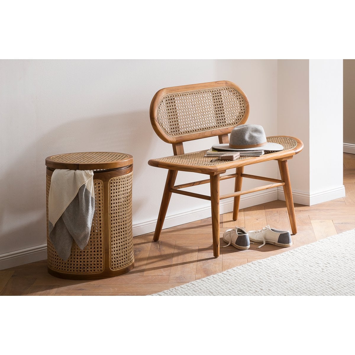 Sitzbank aus Rattan natur 95 cm mit Teakgestell | VIA X SELECTION